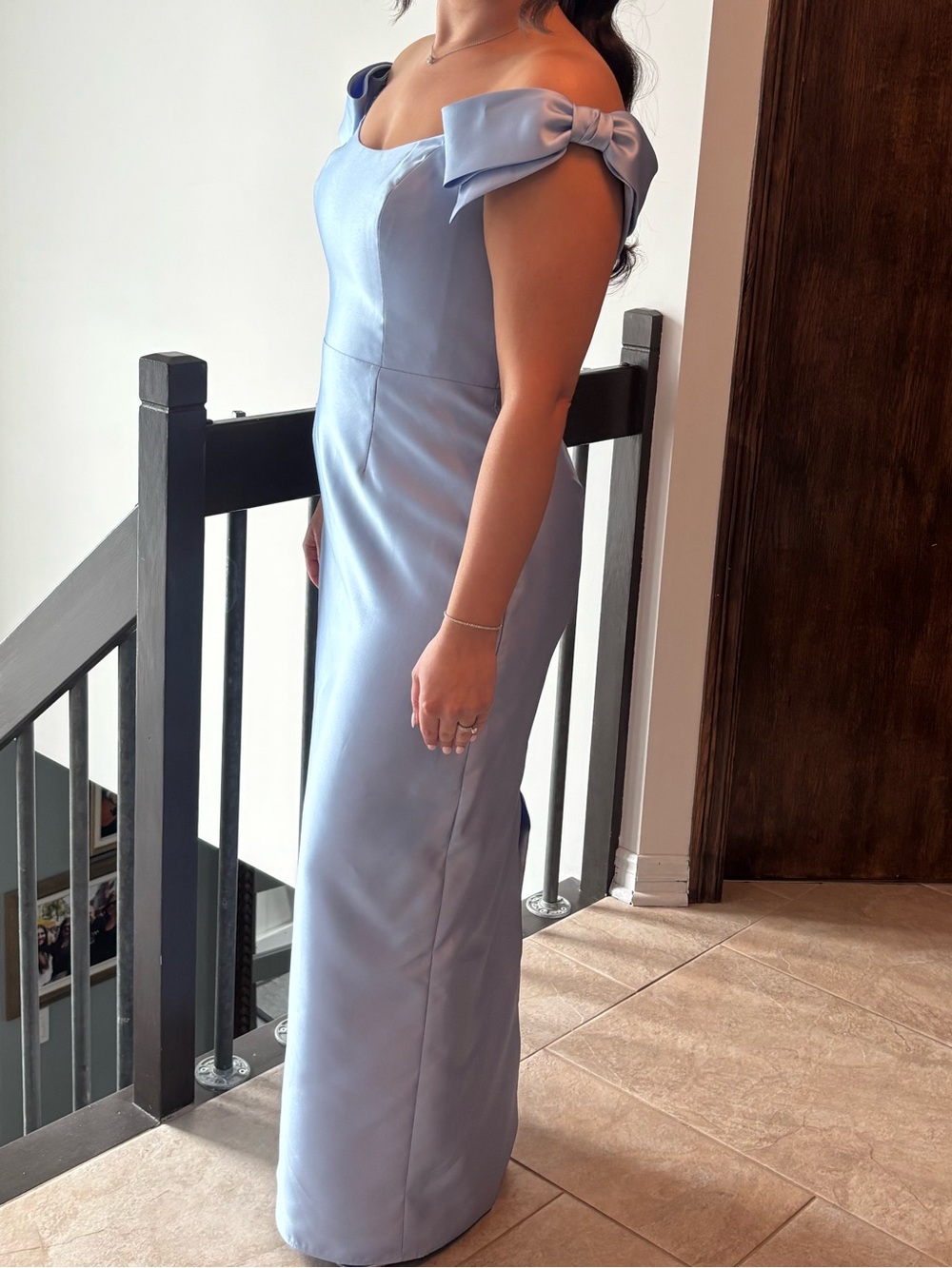 ALFRED SUNG Pale Blue Off-Shoulder Bow-Detail Evening Gown